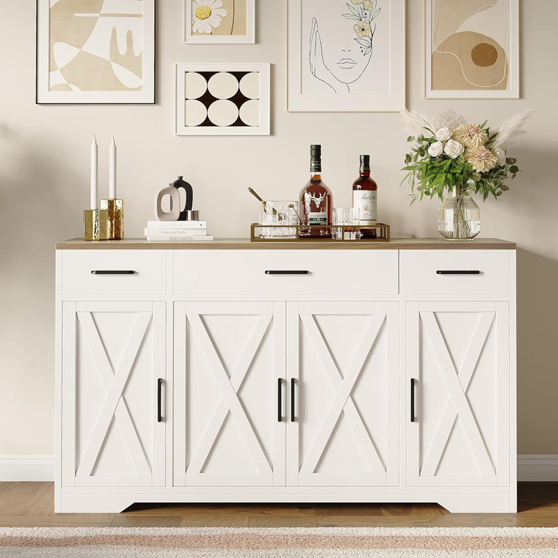 Large Sideboard Buffet Storage Cabinet, with 3-Drawer and 4 Doors, Buffet cabinets, Modern Farmhouse Coffee Bar Cabinet, for Kitchen, Dining Room Living Room, Rustic Style