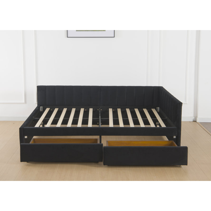Full Size Daybed With Storage Drawers Upholstered Corner Bed With L Shaped Headboard Velvet Daybed Frame For Living Room Guest Room