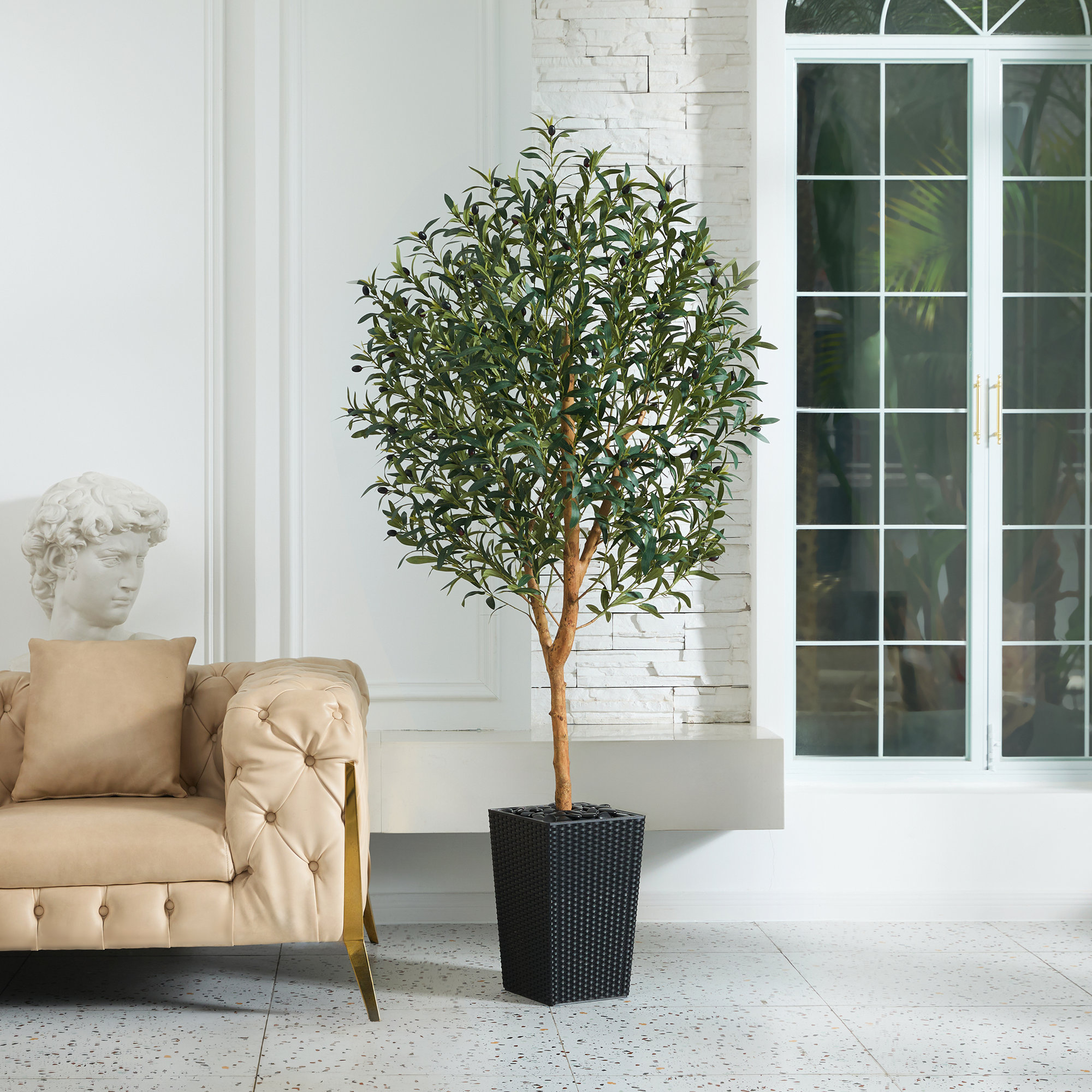 George Artificial Olive Tree with Decorative Pot, UV Resistant Faux Olive Tree with Natural Trunk, Black