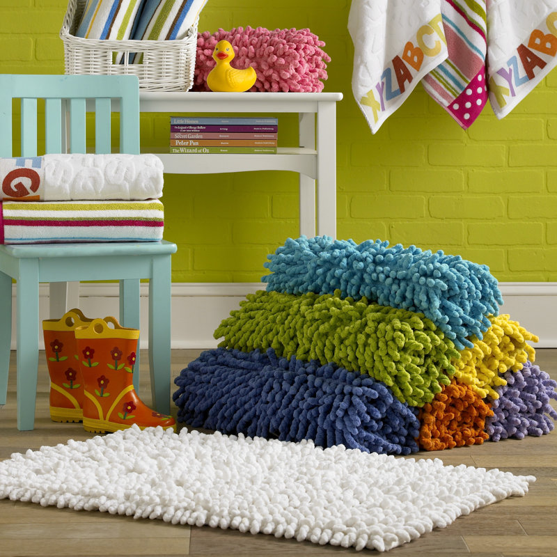 Orange Chenille Cotton Shag Bath Rug with Non-Slip Backing