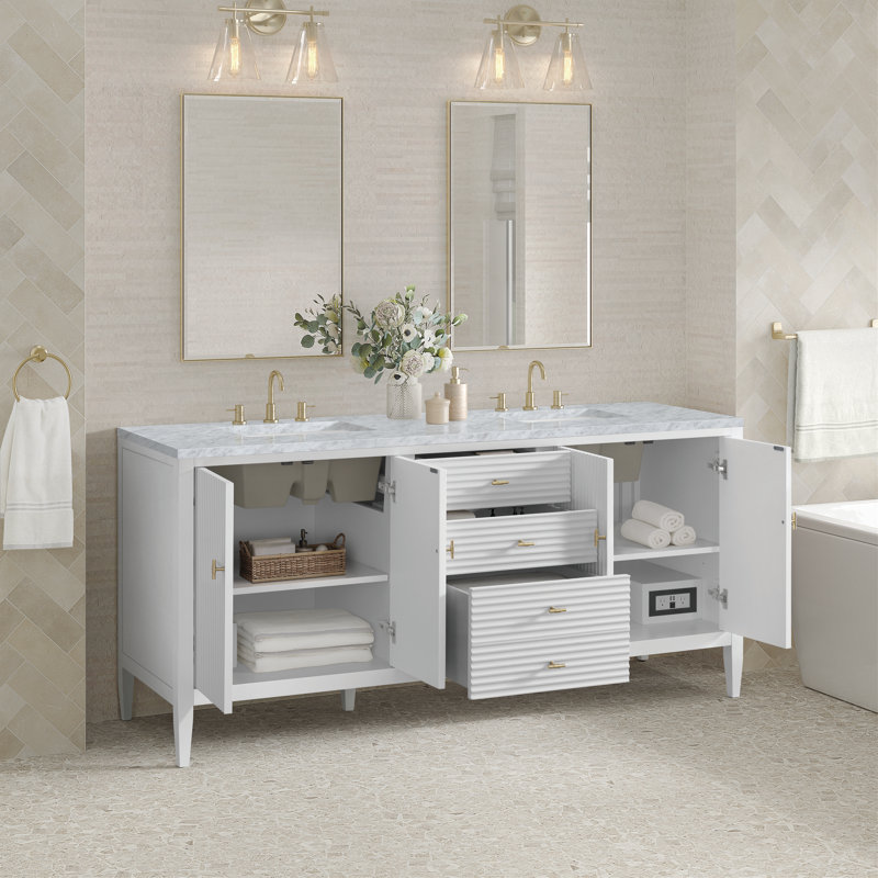 Myrrin 72'' W Double Vanity, Bright White, Carrara White, 8" Widespread