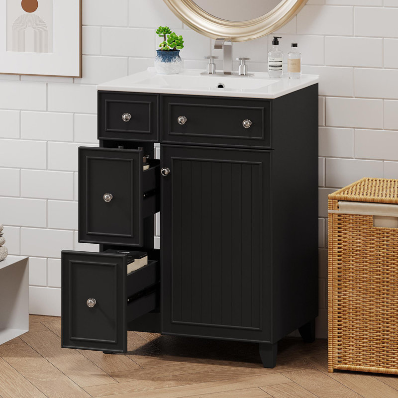 Meuble-lavabo de 24 po avec rangement, Noir, Argent argent