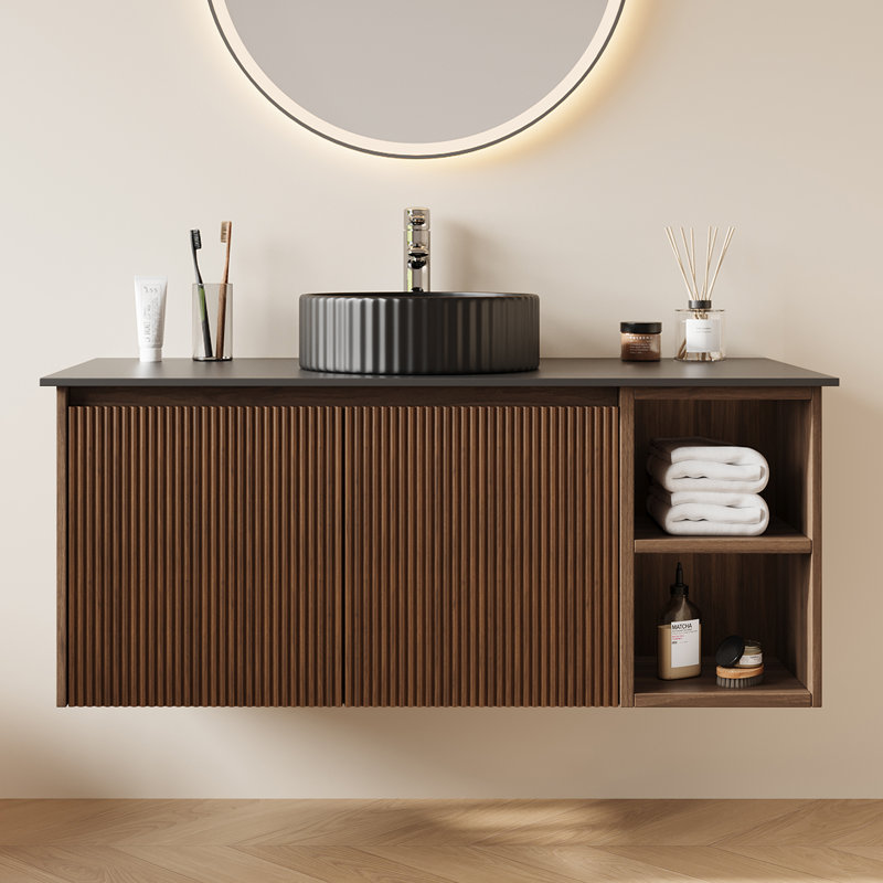 Armoire de salle de bain moderne 36 "en bois avec lavabo en céramique, Brun, Noir