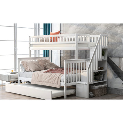 Lit simple superposé au dessus d'un lit double avec lit gigogne, escalier blanc - Structure stable et fiable pour lit gigogne et escalier, maximise l'espace, garantie de sécurité, s'assemble rapidement