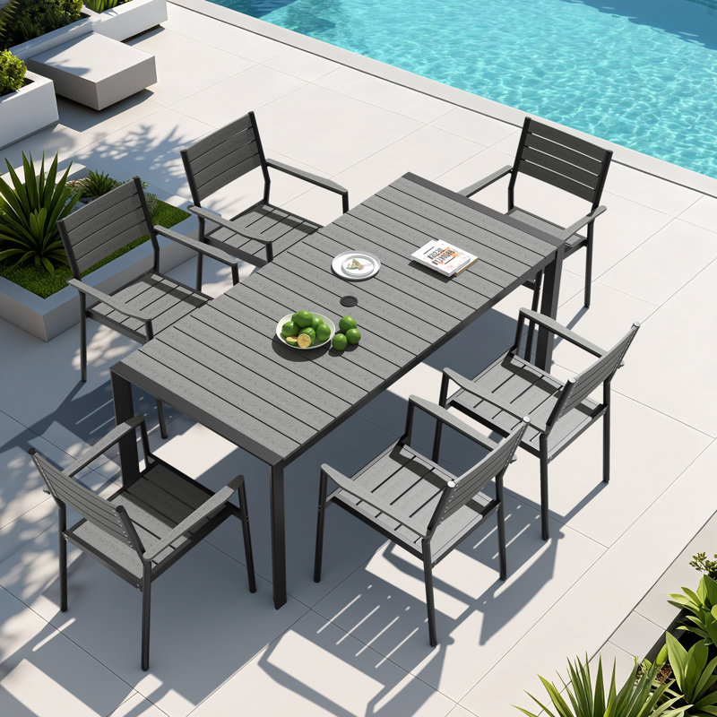 6 - Person 71‘’ L  Aluminum Patio Dining Set With Stackable Chairs And Umbrella Hole, Dark Gray