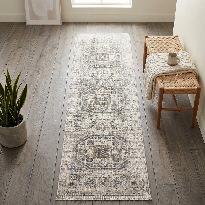 Boho Vintage Fringe Area Rug In Cream/Beige/Gray/Yellow/Blue Carpet For Living Room, Bedroom, Hallway Runner, Runner 2' x 6'