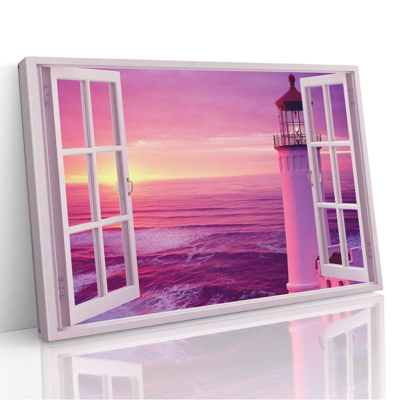 Sunset Lighthouse Through a 3d Window View 1 Piece Wrapped Canvas Wall Art