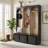 Farmhouse Wooden Style Black Hall Tree with Arched Frame, Padded Bench, Drawers and 8 Metal Hooks, Multi-use Storage Organizer for Mudroom and Living Room-129892848