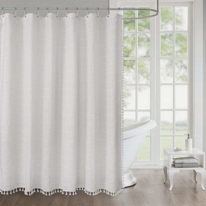 Rideau de douche géométrique à motif géométrique en lin avec crochets Boho, Blanc
