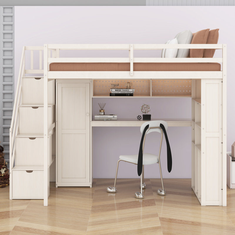 Space-Saving Loft Bed Frame with Integrated Wardrobe, Desk, Shelves and Lights, Beige