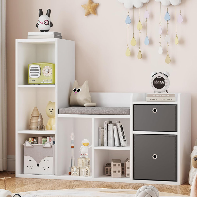 Kids Bookshelf 44.1in Width Toy Storage Organizer with Reading Nook White Bookcase Seat Cushion Wooden 6-Cubby Storage Bench 2 Drawers Toddler Cabinet Shelf for Kids Room, Playroom, Nursery