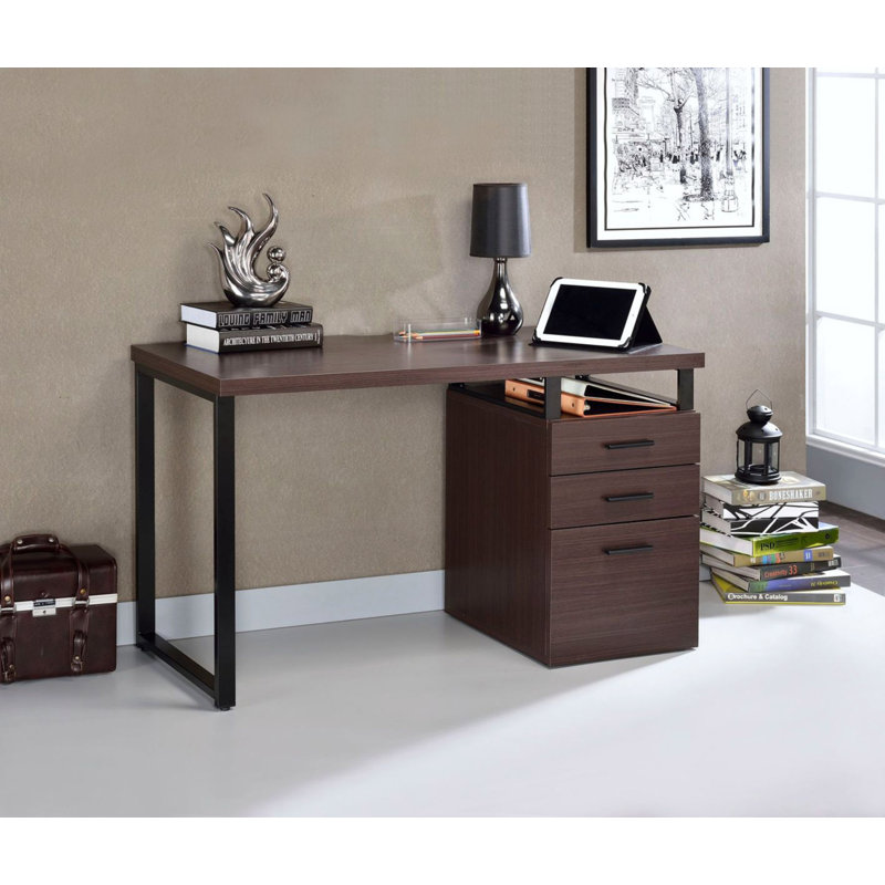 Solid Wood Top Metal Base Computer Desk, Dark Oak