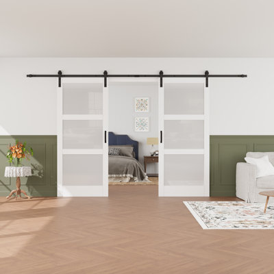 2 Piece Glass and Manufactured Wood Double Sliding Barn Door with Installation Hardware Kit Set