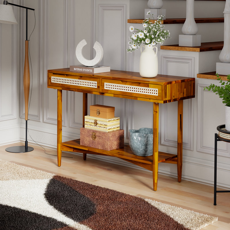 Console de style Mid-Century en bois avec 2 tiroirs Oliver, Caramel