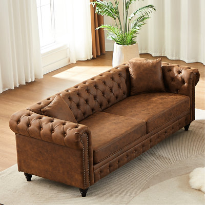 Tissu de 85,5 po avec 3 sièges, accoudoirs roulés, boutons et 2 coussins décoratifs - texture élégante, structure solide, coussins de siège confortables, structure douce et primaire