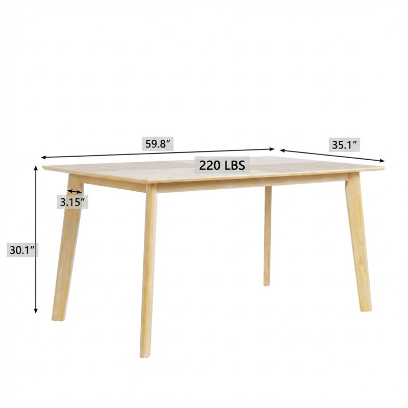 Table de salle à manger de style rétro pour 6 personnes, conception rectangulaire minimaliste pour la cuisine ou la salle à manger, avec pieds en bois d'hévéa