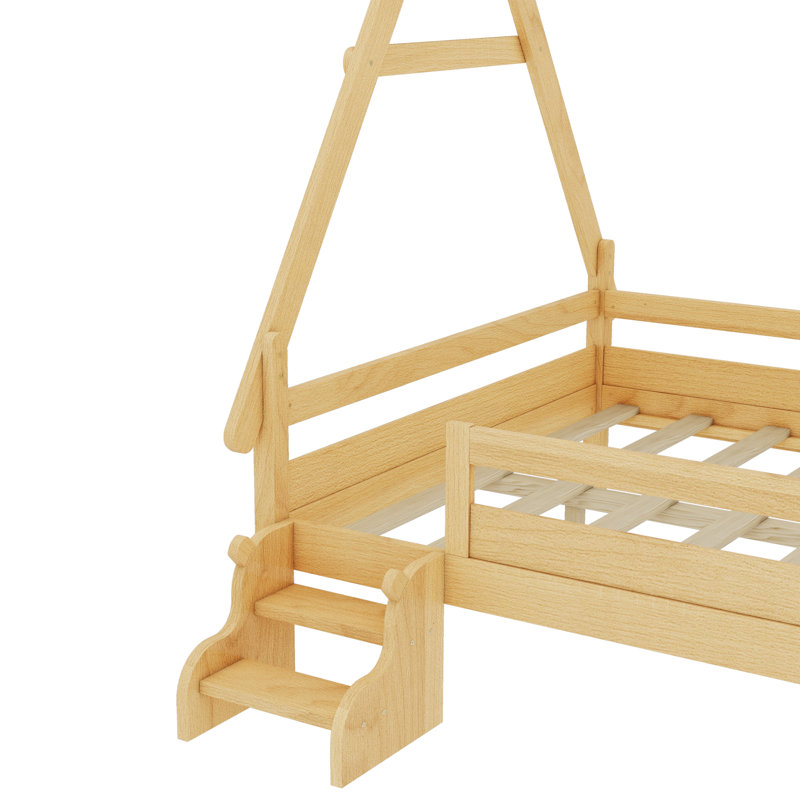 Charming Wooden Platform Bed With Stairs, Full Size, Natural Rustic Design