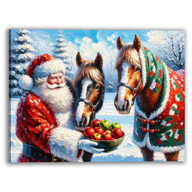 " Jolly Holiday Cheer - Santa Sharing Joy With Festive Horses Canvas Print ", 12" H x 16" W x 1.5" D