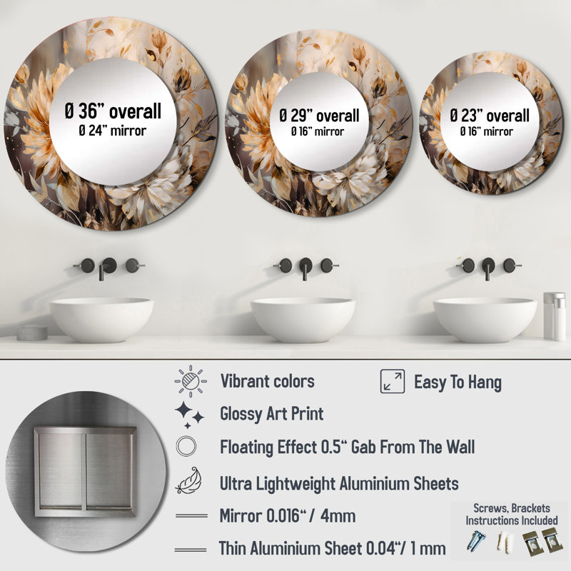 Ollye Gold White Chrysanthemum Artistry - Chrysanthemums Large Mirror, Traditional Round Decorative Wall Mirror, Printed Metal Art