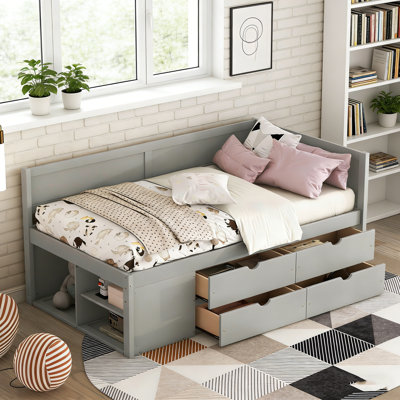 Lit de jour simple avec tiroirs et tablettes, gris
