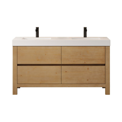 Ensemble de meuble-lavabo double 60 po en sapin vieilli avec pierre artificielle intégrée Abbie