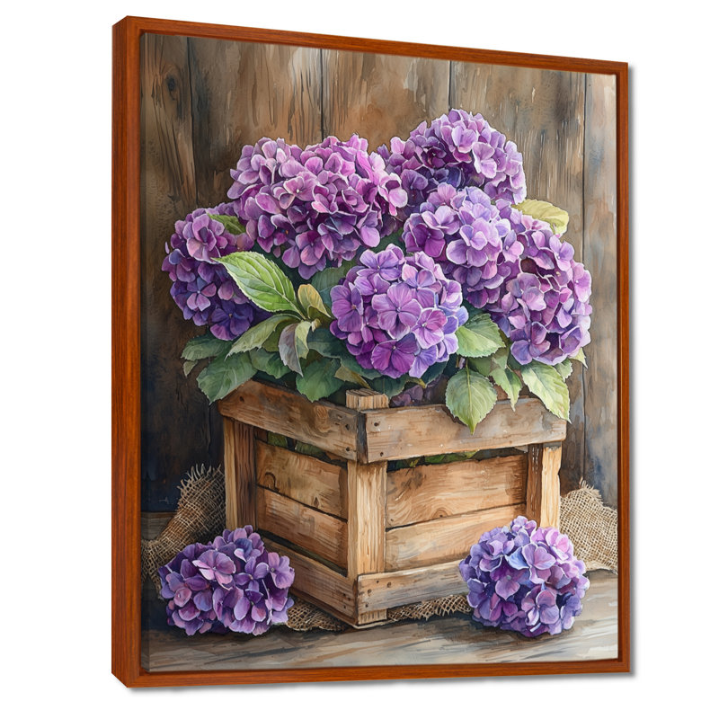 Hydrangées, bouquet dans une caisse en bois I - hydrangées, art sur toile, Brun, Reproduction avec cadre flottant
