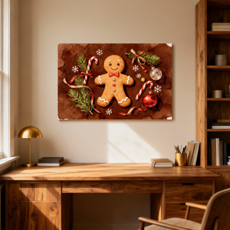 Noël, bonhomme de pain d'épices, ornements de cannes de bonbon, branches de pin, flocons de neige, H 12 po x l 18 po