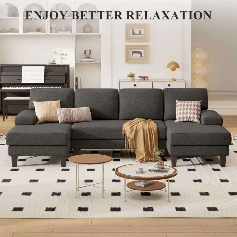 110" U-Shape Sectional Sofa With Armrests, Wood-Seat, Metal Frame & Upholstery, Modern Comfy Design For Living Room Or Family Lounge