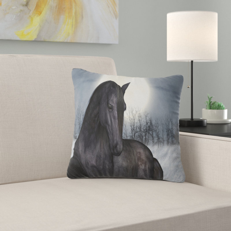 Cheval noir au clair de lune - Coussin imprimé animal, 16 po x 1 po, Coussin décoratif