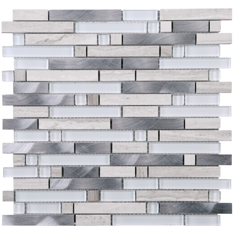 Carrelage mosaïque emboîtable en verre brillant 11,82 po x 12,01 po Sliver Brick, Blanc / beige / argent