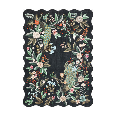 Tapis de paon floral festonné lavable 8 x 10 po pour salon, chambre à coucher, tapis antidérapant pour la salle à manger, tapis de ferme botainical pour salle de jeux, noir