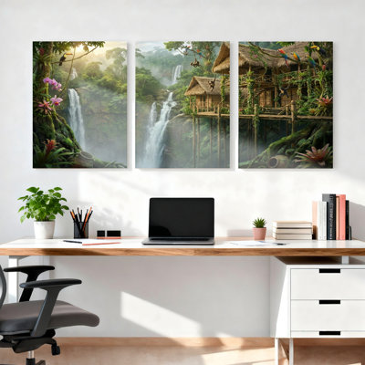 Ensemble de 3 toiles murales représentant une scène de jungle et de cascade tropicale, idéales pour la décoration du salon et de la chambre.
