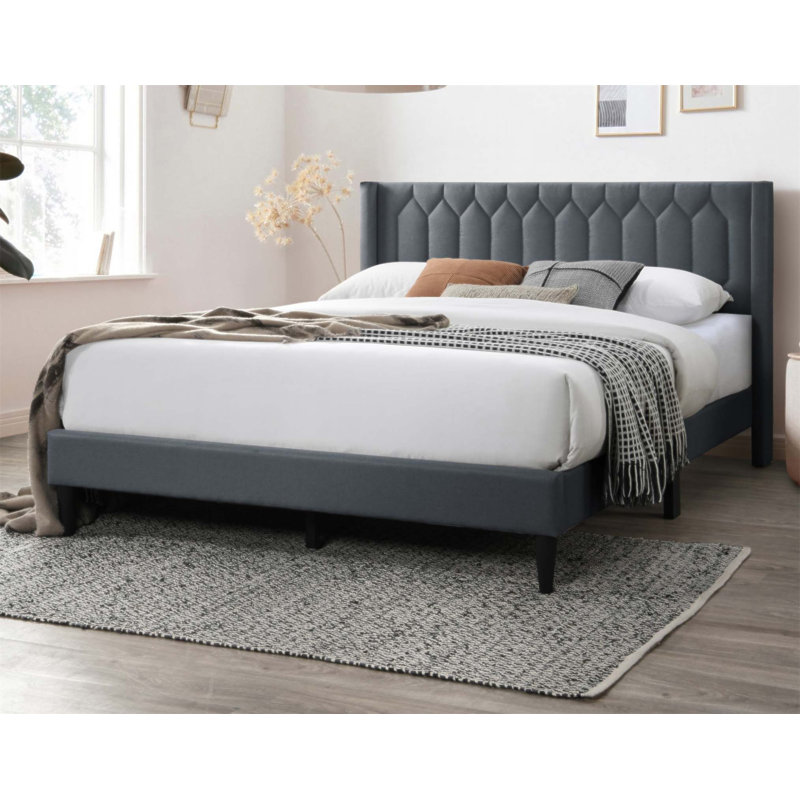 Lit moderne en tissu en toile de jute attrayant avec tête de lit et support plateforme uniques, Charcoal