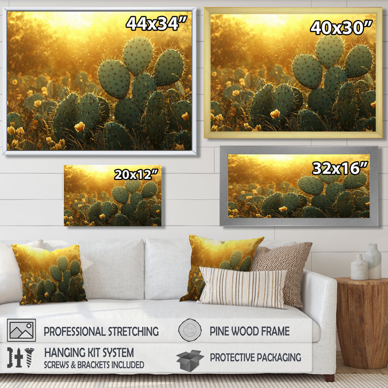 Marisca cactus dans la lumière dorée I - art mural cactus, H 30 po x l 40 po, Cadre simple, Blanc