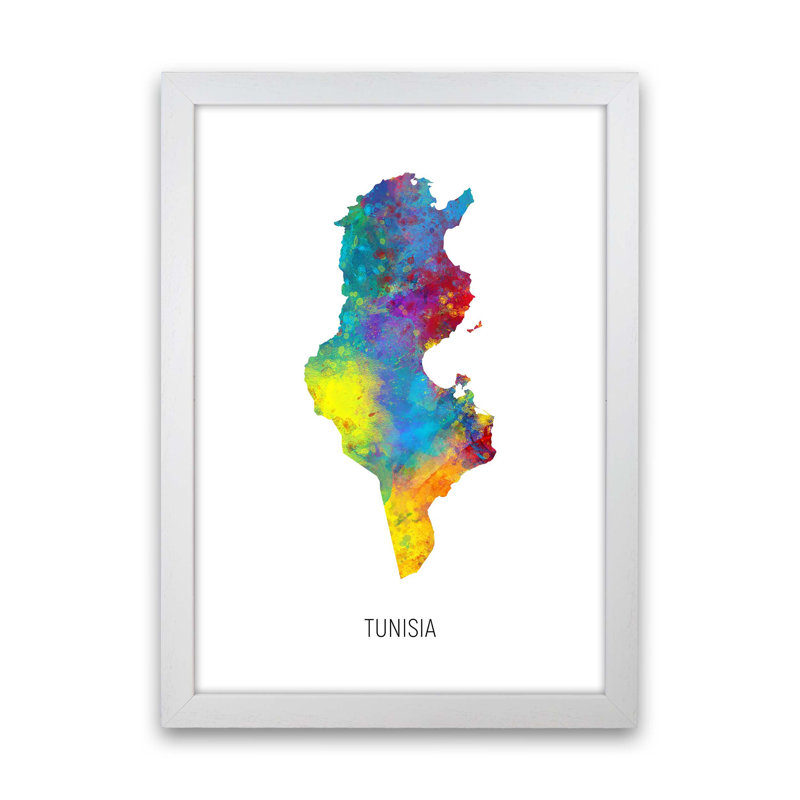 Tunisia Watercolour Map by Michael Tompsett - Print, 34cm H x 25cm W x 3cm D, White Framed