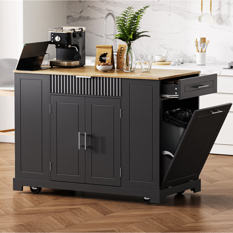 K&K Fluted Kitchen Island With Trash Can Storage Cabinet, Power Outlet, Internal Storage Rack, Rolling Kitchen Islands On 5 Wheels With 3 Drawer, 3 Open Side Racks For 10 Gallon Garbage Bin, Black