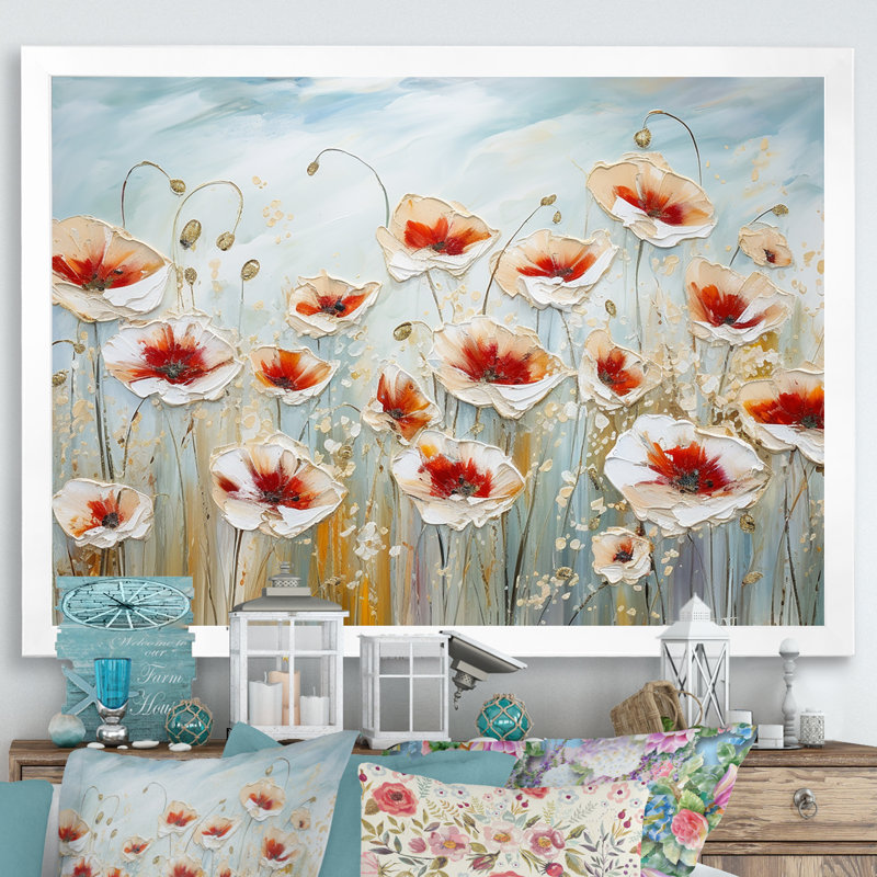Champ de coquelicots rouges et gris, Cadre simple blanc, H 24 po x l 32 po x P 1 po