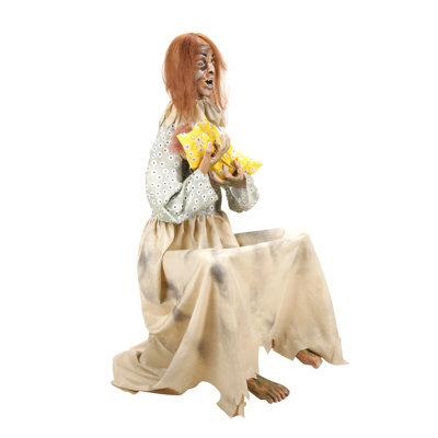 Haunted Hill Farm 3.8 ft Sitting Animated Creepy Woman Holding Doll Halloween Animatronic with Moving Head and Red LED Eyes