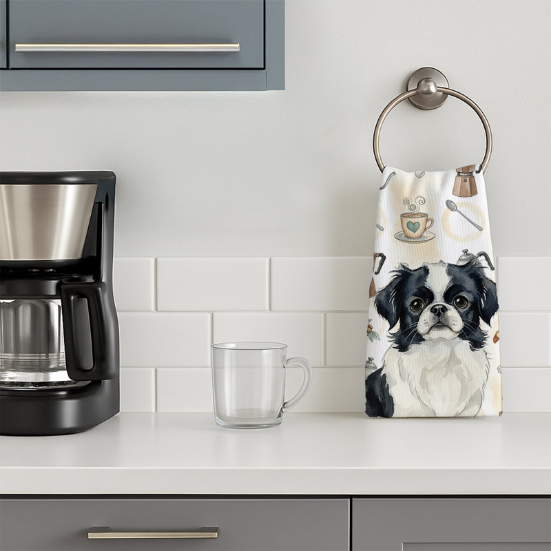 Black and White Japanese Chin Coffee Bar Kitchen Towel, Black and White Japanese Chin