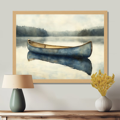 Blue Beige Soft Canoe Lake II - House Cottage Picture Framed Wall Art