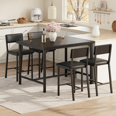 Dining Table Set, Counter Height Table With 4 Upholstered Bar Stools