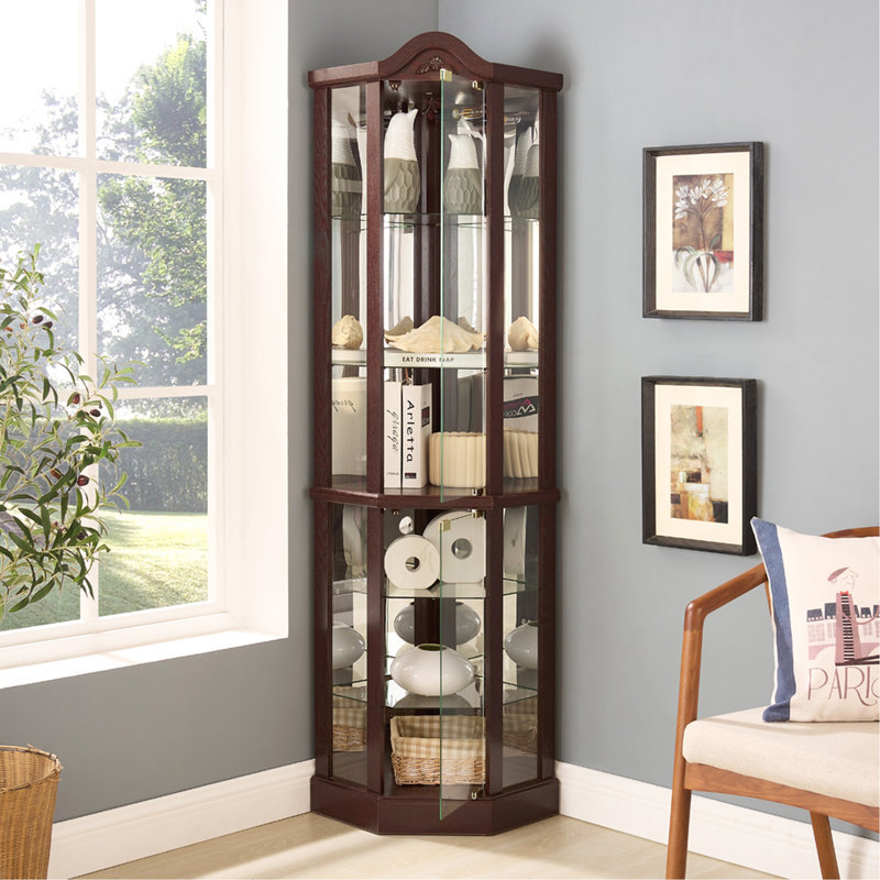 Lighted Glass Display Cabinet Corner Curio Cabinet with Adjustable Shelves Carved Cherry Decoration Wine Cabinet Perfect for Home or Office Use