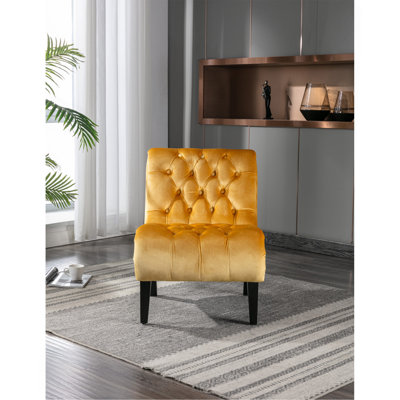 Fauteuil de salon / fauteuil de loisirs moderne en velours sans accoudoirs, fauteuil confortable en tissu avec boutons en bois avec pieds en bois pour la chambre à coucher, le salon, le bureau (velours moutarde)