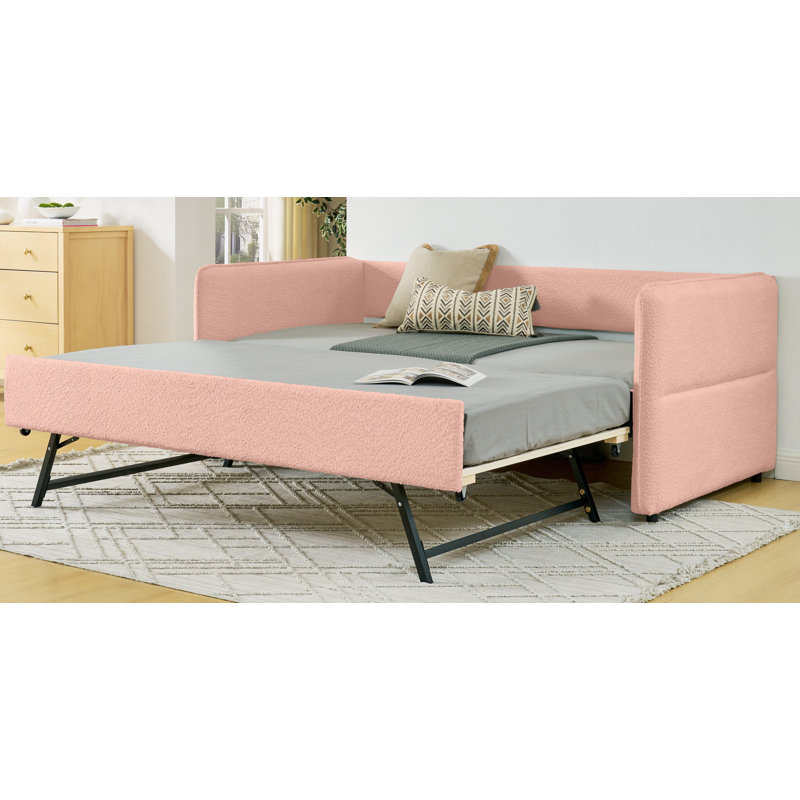 Daybed With Twin Size Pop-up Trundle Upholstered Tufted Sofa Bed, Twin Size, Boucle Fabric, Rose