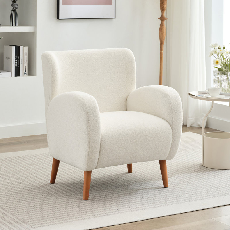 Fauteuil Fireside - dossier à oreilles, tissu bouclé beige, pieds en bois massif, cadre (ne convient pas à un dossier confortable, cadre, facile à assembler, couloir large)
