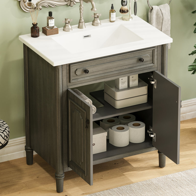 Meuble-lavabo rétro de 31 po de taille, comprenant un lavabo en céramique lisse, des charnières à fermeture douce et des pieds cylindriques avec tablettes réglables, cadre de pieds