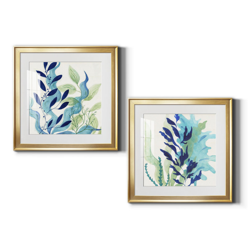 Blue Coral I - ensemble de 2 peintures, H 17,5 po x l 35 po, Impression encadrée avec passe-partout, Doré