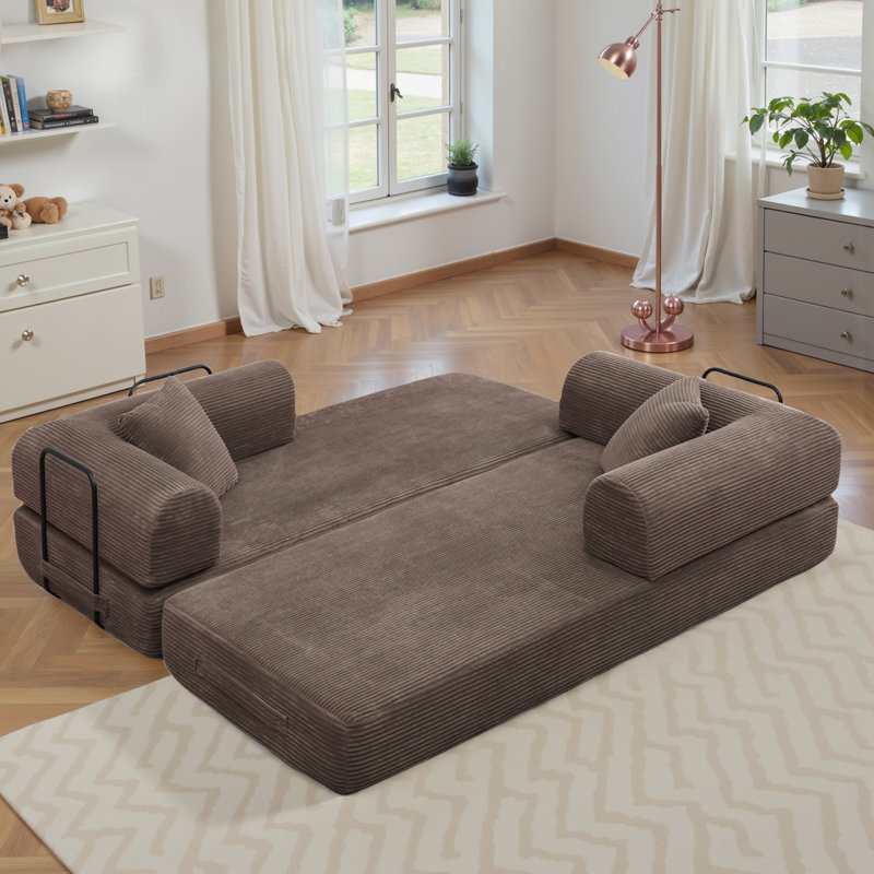 Canapé-lit modulable en velours côtelé de 164 cm (64,5 po) sans structure, en mousse à compression, avec 2 oreillers et cadre fixe.