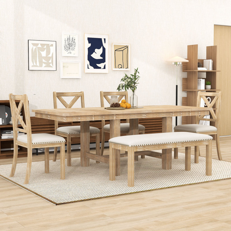 Farmhouse 6-Piece Extendable Dining Table Set with 2 Removable Leaf, 4 Upholstered Chairs and Bench, Natural