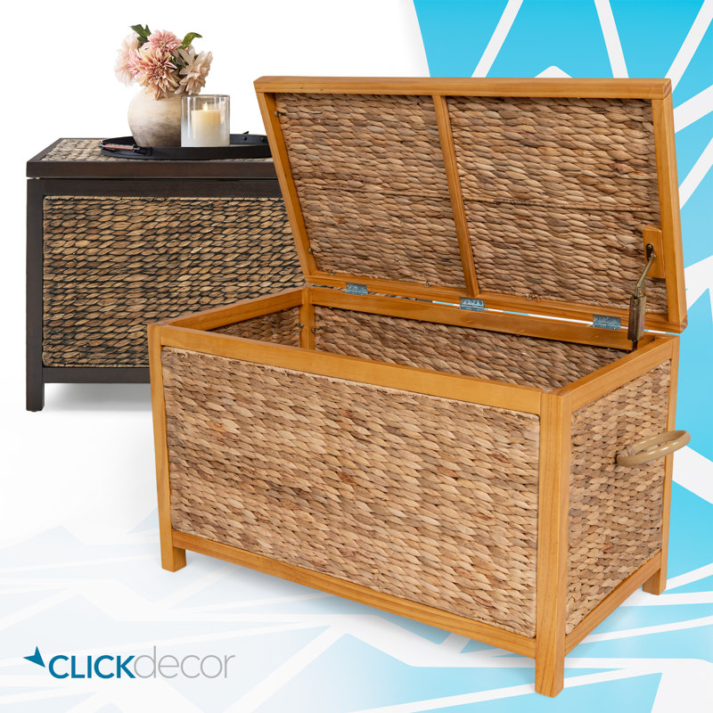 Wilson Wicker Farmhouse Trunk, 30" Large Storage Basket, Handwoven Water Hyacinth, Acacia Wood Frame, Natural/Yellow